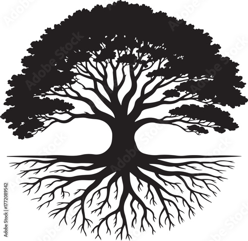 Detailed silhouette of a majestic oak tree with intricate roots symbolizing nature and growth isolated on transparent background