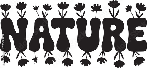Creative black and white typography of the word nature with floral elements and vines isolated on transparent background