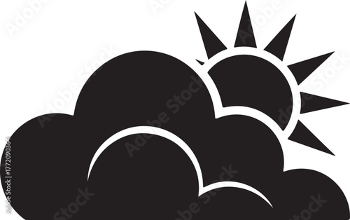 Sun partially hidden behind dark clouds symbol for partially cloudy weather forecast isolated on transparent background