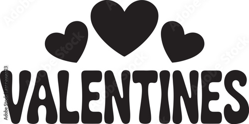 Hand drawn style valentines text with three hearts symbol design isolated on transparent background