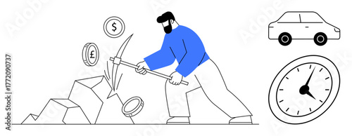 Man striking rocks with a pickaxe to uncover currency, a car, and a clock symbolizing time, wealth, effort, and productivity. Ideal for finance, work, time management labor investment goals