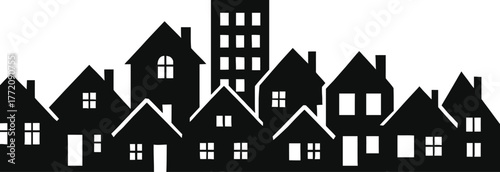 a seamless row of black house silhouettes forming a cityscape or suburban skyline background. Includes various house shapes — modern, traditional, small cottages, tall buildings, rooftops, chimneys, a