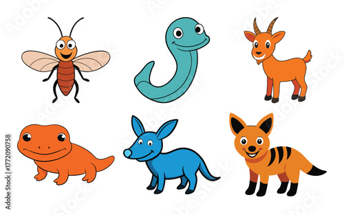 Collection of six cute cartoon animals including a bee, snake, goat, lizard, dog, and fox