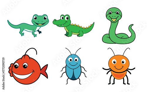 Set of six cartoon animals including a lizard, alligator, snake, fish, beetle, and ant