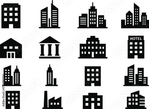 EPS illustration featuring 16 solid black business building icons. Includes office towers, skyscrapers, corporate headquarters, modern architecture, city skyline, industrial warehouse, bank building, 