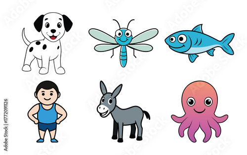 Collection of six cartoon characters including a dog, dragonfly, fish, boy, donkey, and octopus