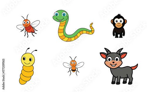 Collection of cute cartoon animals including a snake, monkey, goat, caterpillar, and two insects