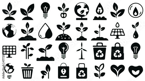 Collection of web icons depicting environmental sustainability and eco-friendly themes for digital use