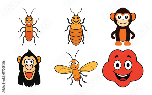 Collection of cute cartoon insects, monkeys, and a smiling red blob