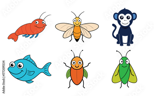 Collection of six cute cartoon animals including a shrimp, bee, monkey, fish, beetle, and grasshopper