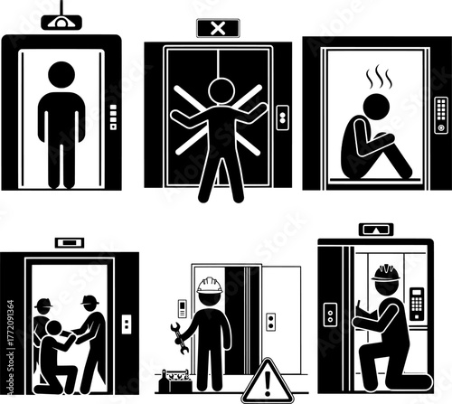 Elevator Malfunction, Trapped, and Repair Stick Figure Set