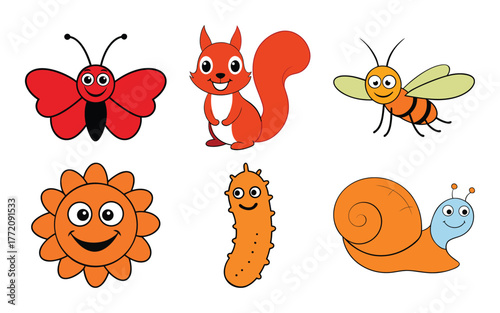 Collection of six cute cartoon animals and objects including a butterfly, squirrel, bee, sun, caterpillar, and snail