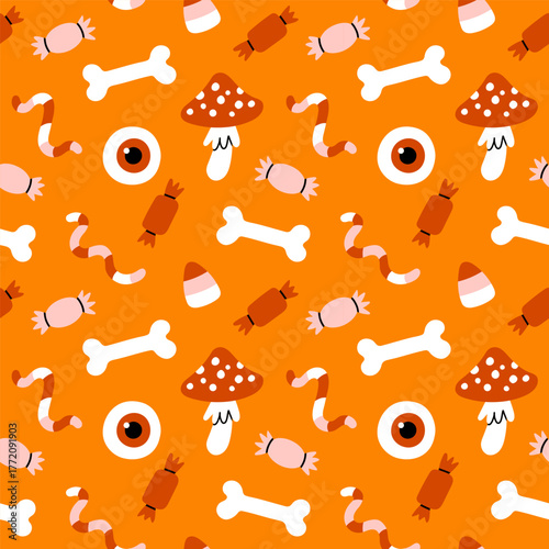 Simple hand drawn Halloween seamless pattern on orange background. Vector wallpaper illustration repeat design for fabric print, sticker, cover, wrapping.