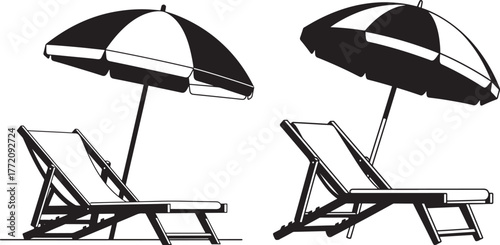 Two beach chairs and umbrellas silhouette