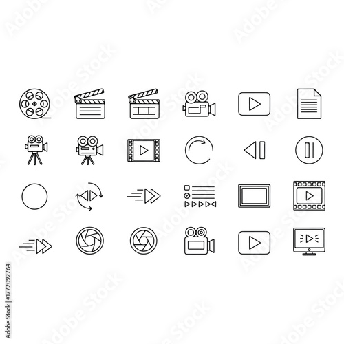 Vector collection of simple line icons representing video and film production, editing, and playback elements