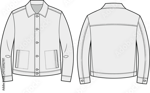 Technical flat sketch, fashion jacket design, front and back view, button-down, collar, pockets, cuffs, yoke, garment construction illustration