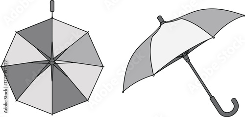 Top view umbrella, side view umbrella, grayscale umbrella design, rainy weather accessory, modern umbrella illustration, vector umbrella art