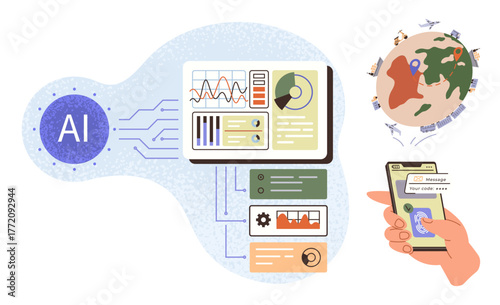 AI technology processing data insights with charts, communication system, and global connectivity visualization. Ideal for innovation, automation, technology, teamwork, analysis, digital