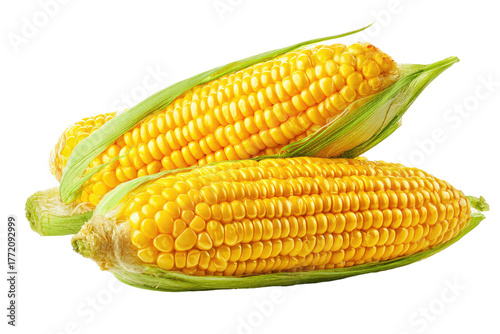 Two ears of vibrant yellow corn with green husks