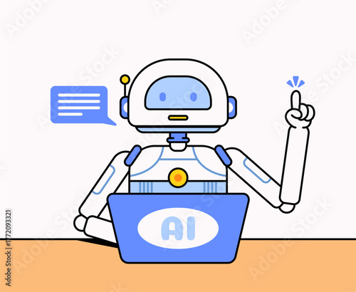 Cute cartoon vector of an AI robot at a desk with a laptop labeled AI raising a finger with a chat bubble symbolizing innovation, intelligence, and friendly digital assistance