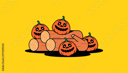 Cute cartoon vector of smiling Halloween pumpkins placed on wooden logs. This design represents celebration, creativity, and spooky fun, perfect for Halloween themes and seasonal decorations