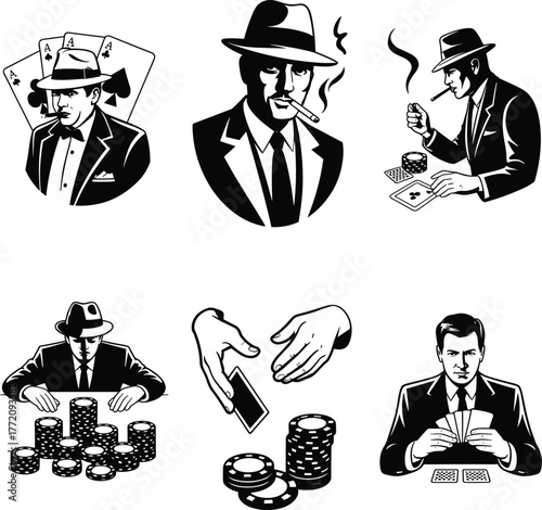 Vintage poker players, noir casino scene, gambling men in suits, dramatic card game moments, stylish fedora, intense strategy, black and white