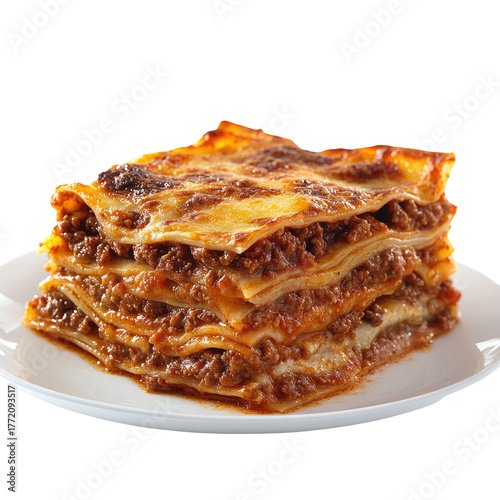 Layered lasagna slice, cheesy, rich on white plate