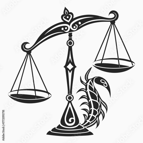 Black and white illustration of Libra scales and Scorpio