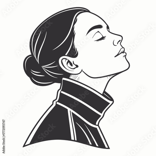 Black and white illustration of woman in turtleneck with eyes closed