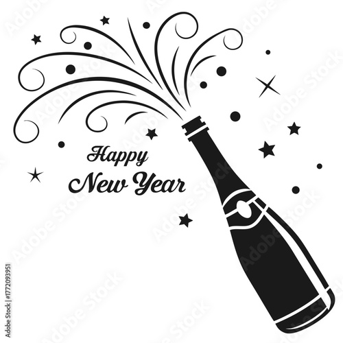 Black silhouette champagne bottle exploding with stars and swirls