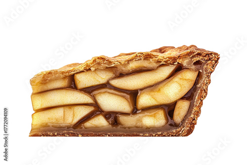 Sliced apple pie with golden crust, filling on black