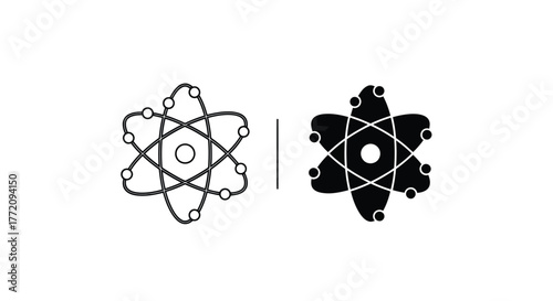 Illustration of an atom with electrons orbiting the nucleus, presented in two contrasting styles.