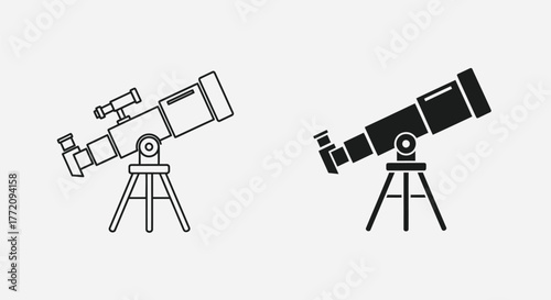 Two telescope icons, one in outline and one in solid black, on a white background.