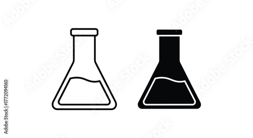 Laboratory Flask Icon Set - Outline and Solid Style Chemistry Beaker Symbol