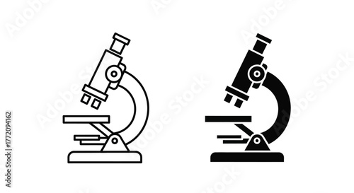 Microscope Icon Set - Outline and Solid Style Laboratory Science Symbol