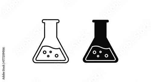 Two scientific Erlenmeyer flask icons, one a simple outline and the other a solid black silhouette, both containing a bubbling liquid.