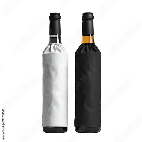 Two bottles with sleeves, one silver, one black, isolated