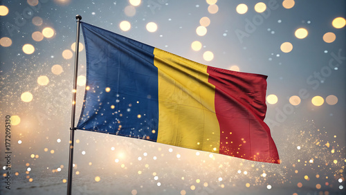 Waving romanian flag with festive bokeh lights at night