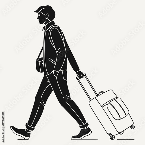 Black Silhouette Man Walking With Rolling Suitcase