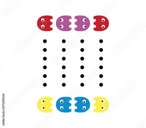 retro game Style Character Chasing Colorful Ghosts on White Background