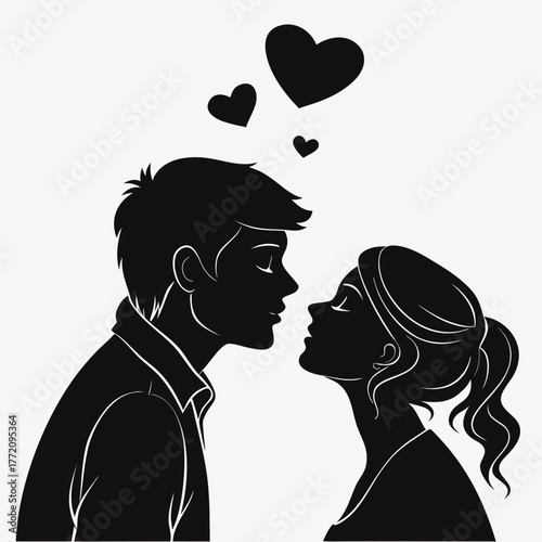 Black silhouette of a couple about to kiss with hearts