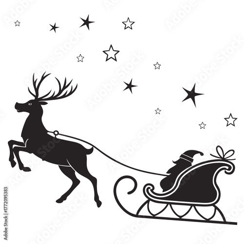 Black silhouette of a reindeer pulling Santa Claus in a sleigh with stars