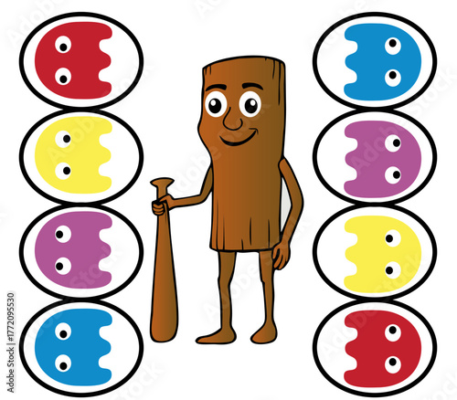 retro game Style Character Chasing Colorful Ghosts on White Background