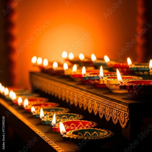 Decorative Oil Lamps Burning with Warm Golden Flames and Bokeh