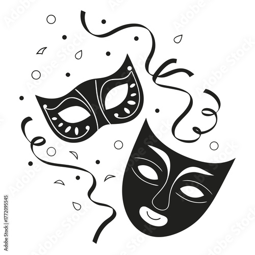 Black theatrical masks and confetti graphic comedy mask
