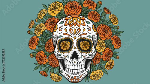 Dia de los Muertos Sugar Skull Illustration with Marigold Flowers for Mexican Cultural Celebration