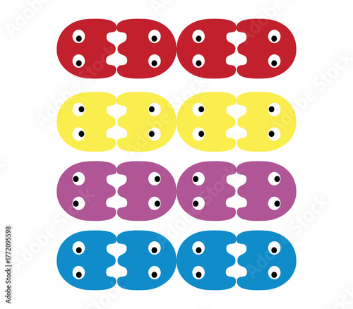 retro game Style Character Chasing Colorful Ghosts on White Background