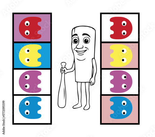 retro game Style Character Chasing Colorful Ghosts on White Background