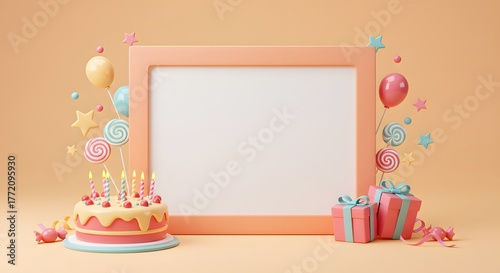 Wallpaper Mural Birthday Celebration Scene with Blank Frame, Cake, Gifts, Balloons, and Lollipops Torontodigital.ca