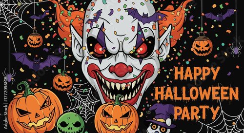 Scary Clown Face With Pumpkins And Bats Halloween Party Banner